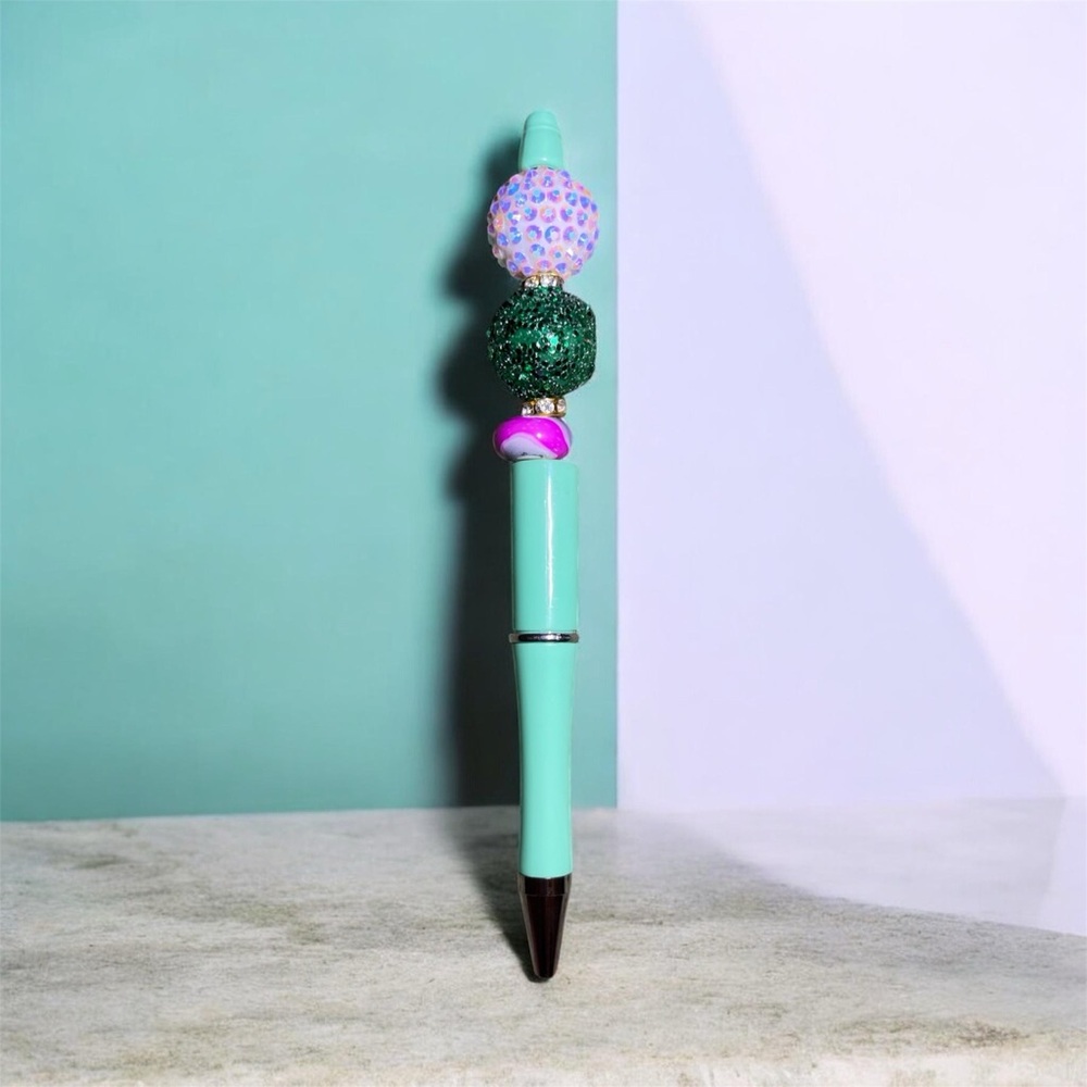 Beaded Mint Green Pen with Sparkle Accents